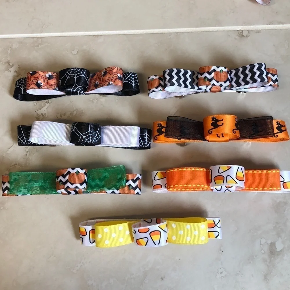 13 Halloween Hair Bow Barrettes Set Orange Black Candy Corn Spider Pumpkin Girls